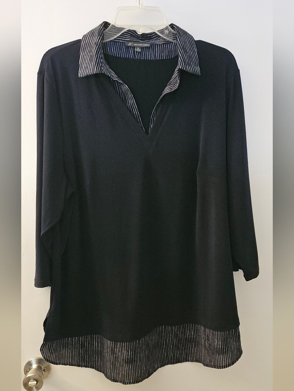 Adrianna Papell Navy Layered Look V-Neck Tunic with Striped Trim